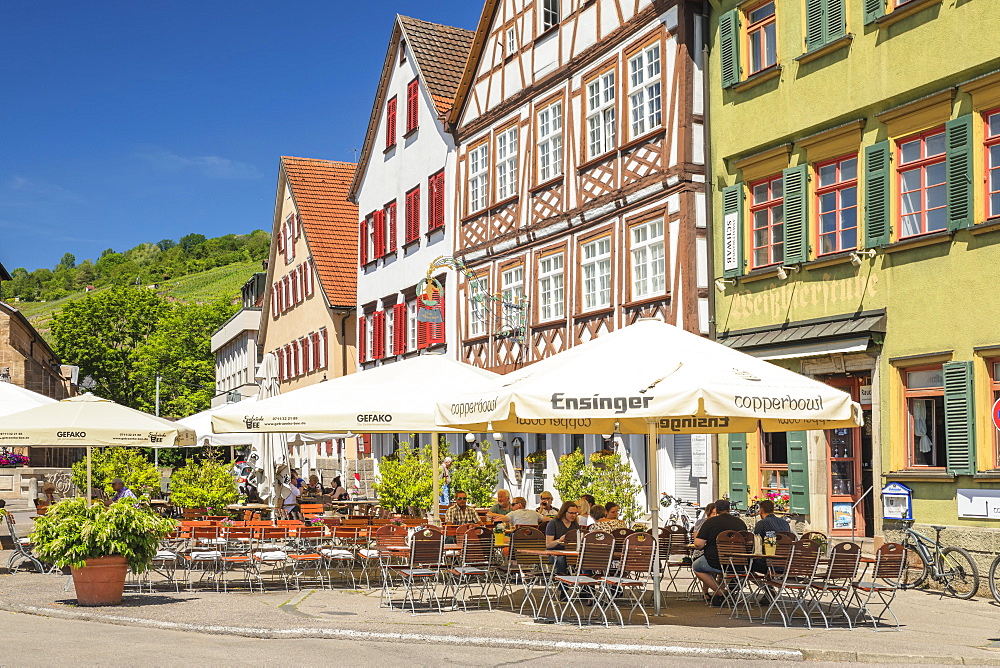 Restaurants and street cafes at market place, Esslingen, Baden-Wurttemberg, Germany, Europe