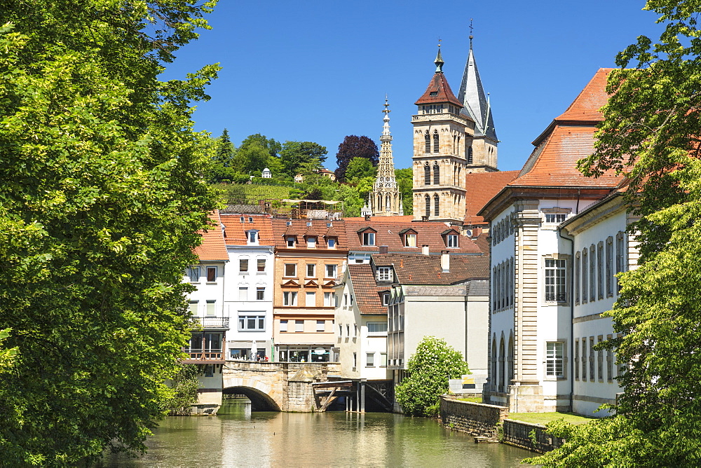 Rossneckarkanal chanel with St. Dionys church, Esslingen, Baden-Wurttemberg, Germany, Europe