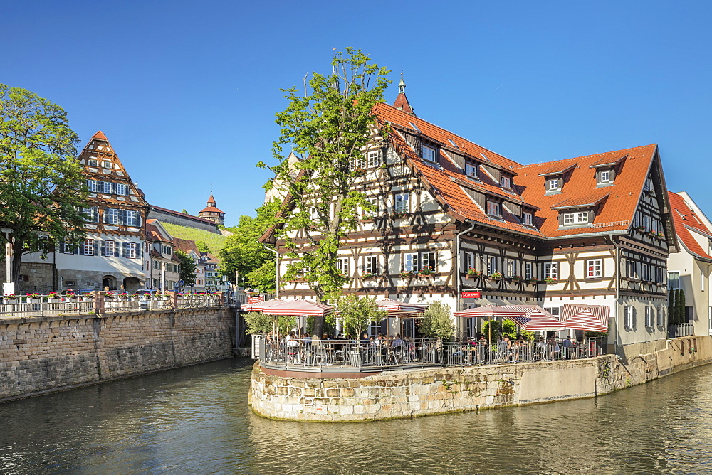 View over Wehrneckarkanal chanel to St. Dionys church, Esslingen am Neckar, Baden-Wuerttemberg, Germany, Europe