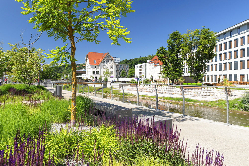 Promenade at Rems river, view to Villa Hirzel, Schwaebisch-Gmund, Baden-Wurttemberg, Germany, Europe