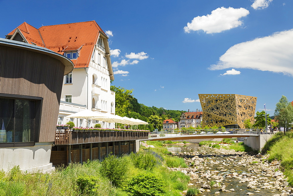 View from Villa Hirzel along Rems river to Gold und Silber event location, Schwaebisch-Gmund, Baden-Wurttemberg, Germany, Europe