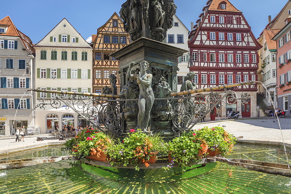 Neptunbrunnen fountain at market place, Tubingen, Baden-Wurttemberg, Germany, Europe