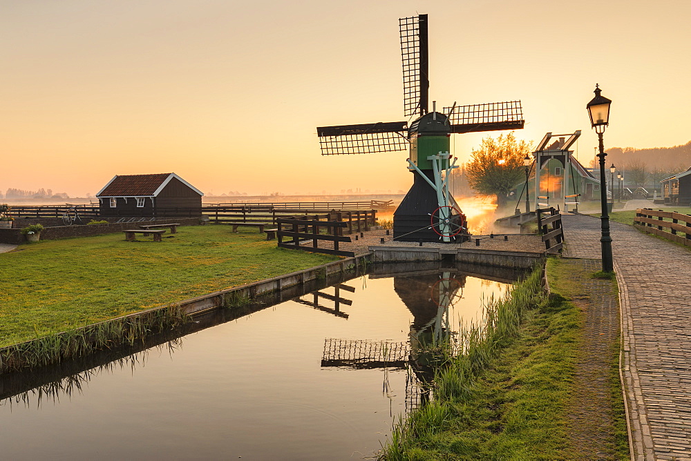 Traditional village at sunrise, Zaanse Schans, Zaandam, North Holland, Netherlands, Europe