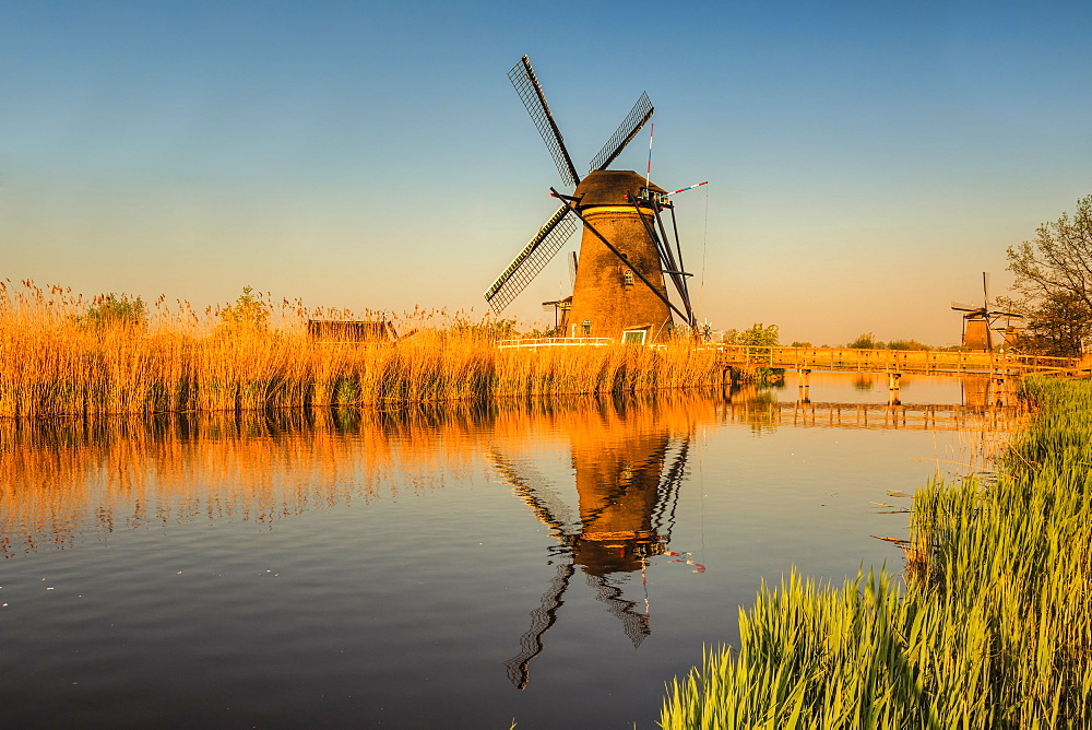 Windmills at sunset, Kinderdijk, UNESCO World Heritage Site, South Holland, Netherlands, Europe