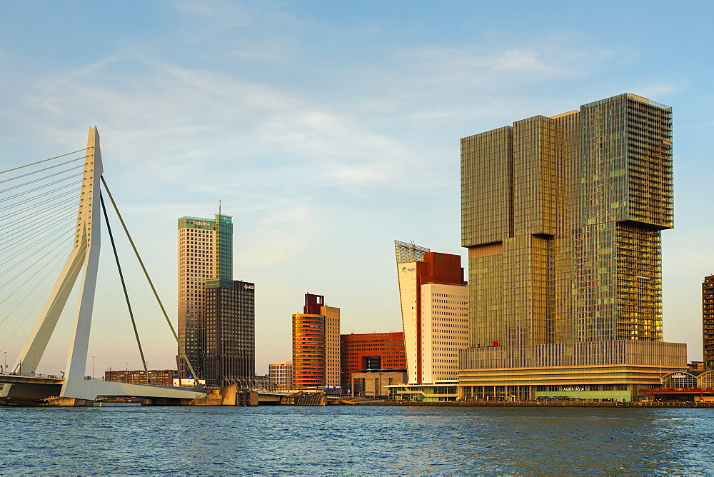 Erasmus Bridge over Nieuwe Maas River at sunset, Rotterdam, South Holland, Netherlands, Europe