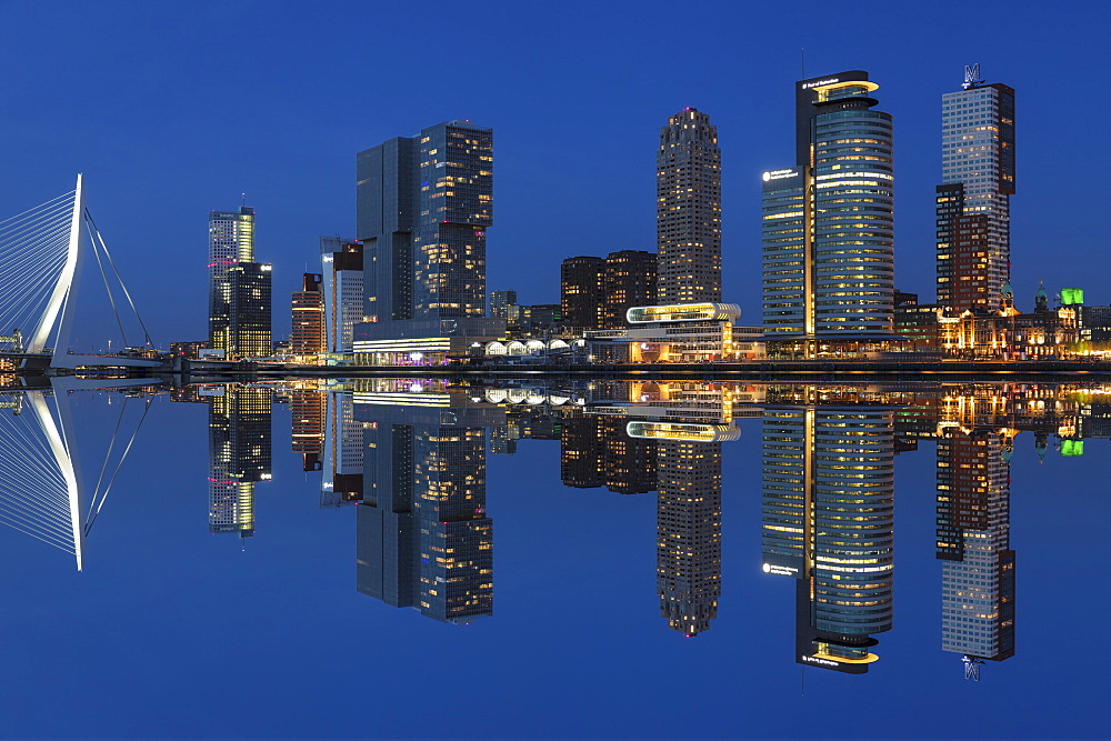 Skyline with Erasmus Bridge, World Port Center, Hotel New York and Montevideo Building, Rotterdam, South Holland, Netherlands, Europe