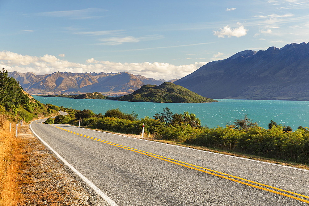 Road along Lake Wakatipu at sunset, Queenstown, Otago, South Island, New Zealand, Pacific