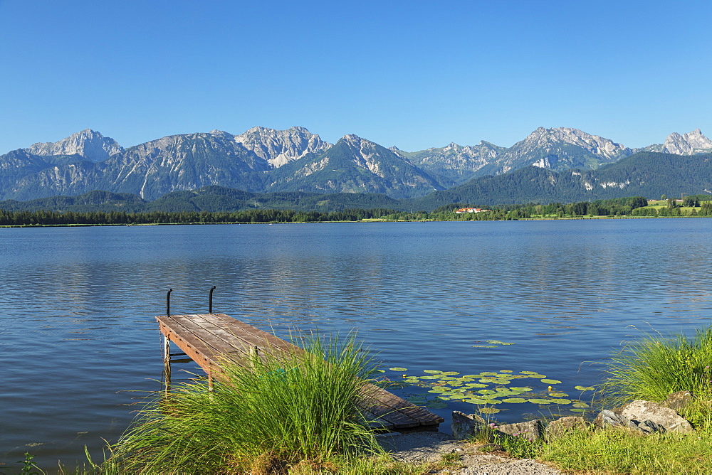 Jetty at Hopfensee lake, Hopfen am See, Allgau Alps, Allgau, Schwaben, Bavaria, Germany, Europe