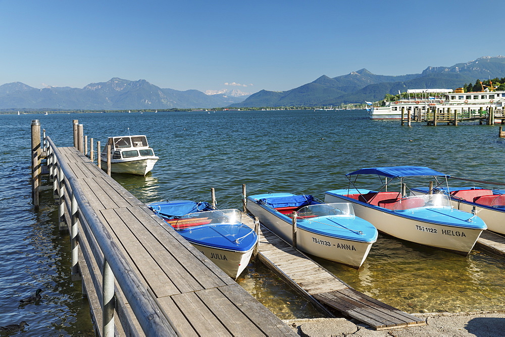 Boats at the harbour of Prien am Chiemsee, Lake Chiemsee, Upper Bavaria, Germany, Europe