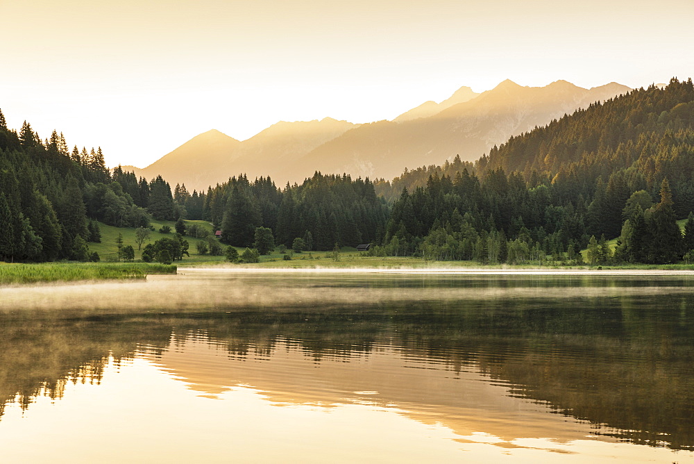 Geroldsee Lake against Karwendel Mountains at sunrise, Klais, Werdenfelser Land, Upper Bavaria, Germany, Europe