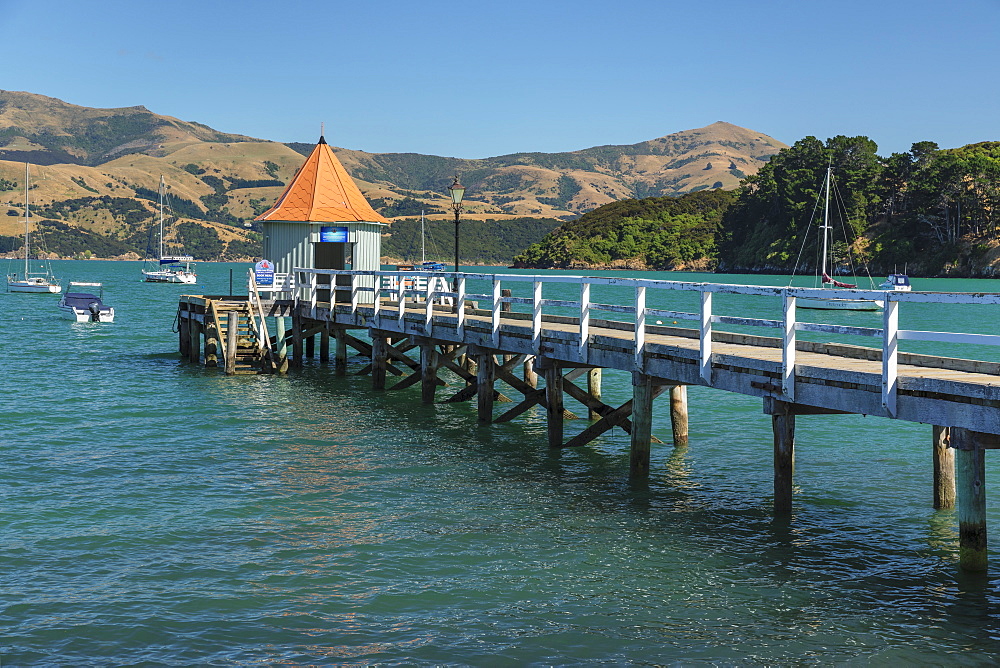 Daly's Wharf, historic jetty, Akaroa Harbour, Banks Peninsula, Canterbury, South Island, New Zealand, Pacific