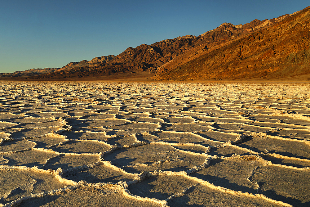 Badwater Basin at sunset, Death Valley National Park, California, United States of America, North America