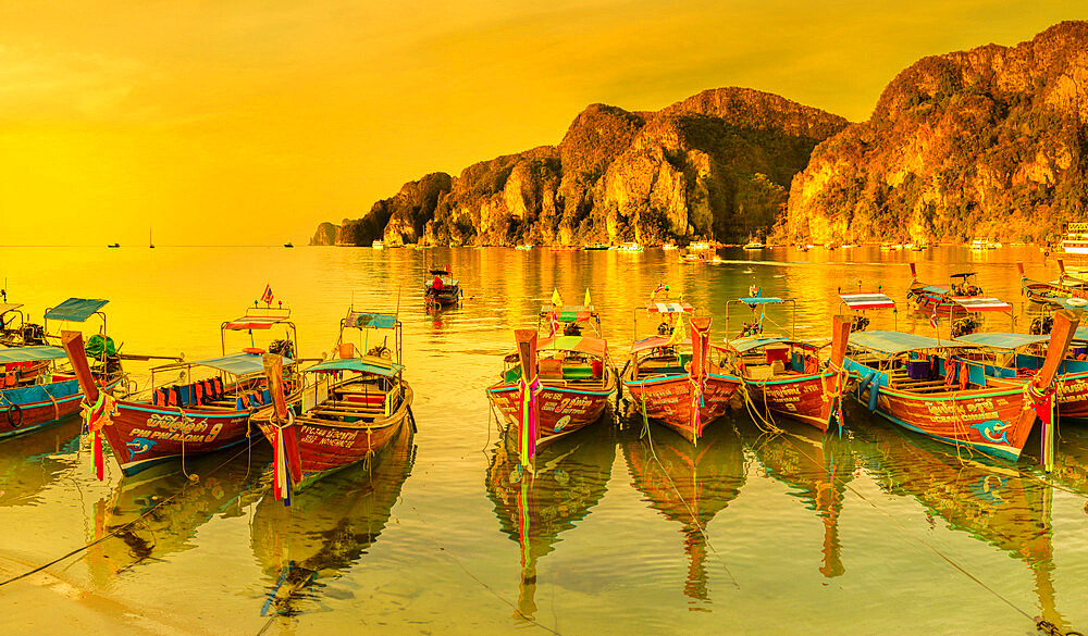 Longtail boats at sunrise, Ko Phi Khi Don Island, Krabi, Thailand, Southeast Asia, Asia