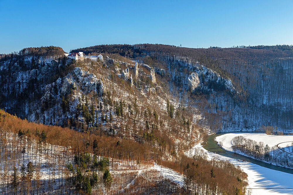 View over Danube Gorge to Wildenstein Castle, Upper Danube Nature Park, Swabian Alps, Baden-Wurttemberg, Germany, Europe