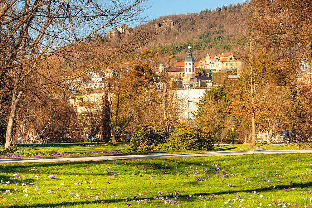 View from spa park to the new castle and Hohenbaden castle ruin, Baden-Baden, Black Forest, Baden-Wurttemberg, Germany, Europe