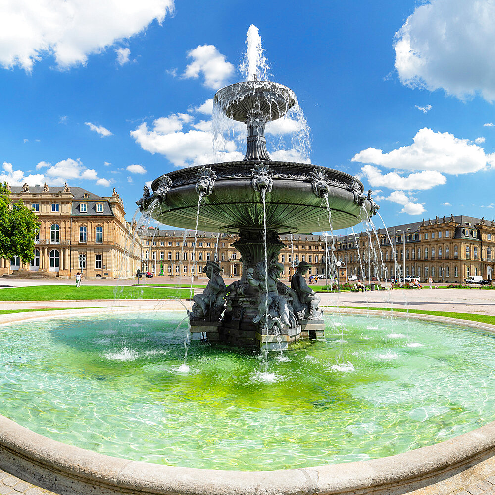 Fountain and New Castle on Schlossplatz Square, Stuttgart, Neckar Valley, Baden-Wurttemberg, Germany, Europe