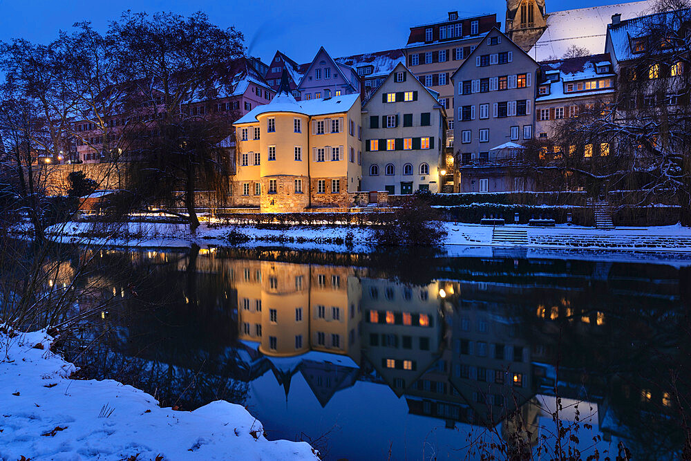 Old Town with Holderlinturm tower reflecting in Neckar River, Tubingen, Swabian Alps, Baden-Wurttemberg, Germany, Europe