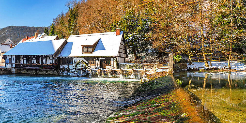 Mill at Blautopf Lake, Blaubeuren, Swabian Alps, Baden-Wurttemberg, Germany, Europe