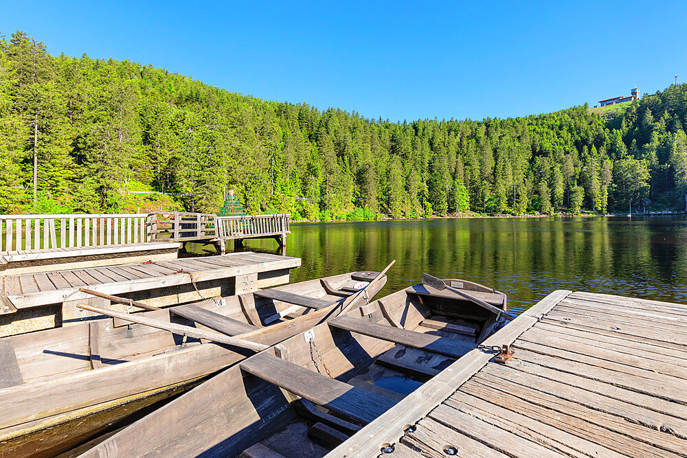 View over Mummelsee lake to Hornisgrinde Mountain, Black Forest National Park, Baden-Wurttemberg, Germany, Europe