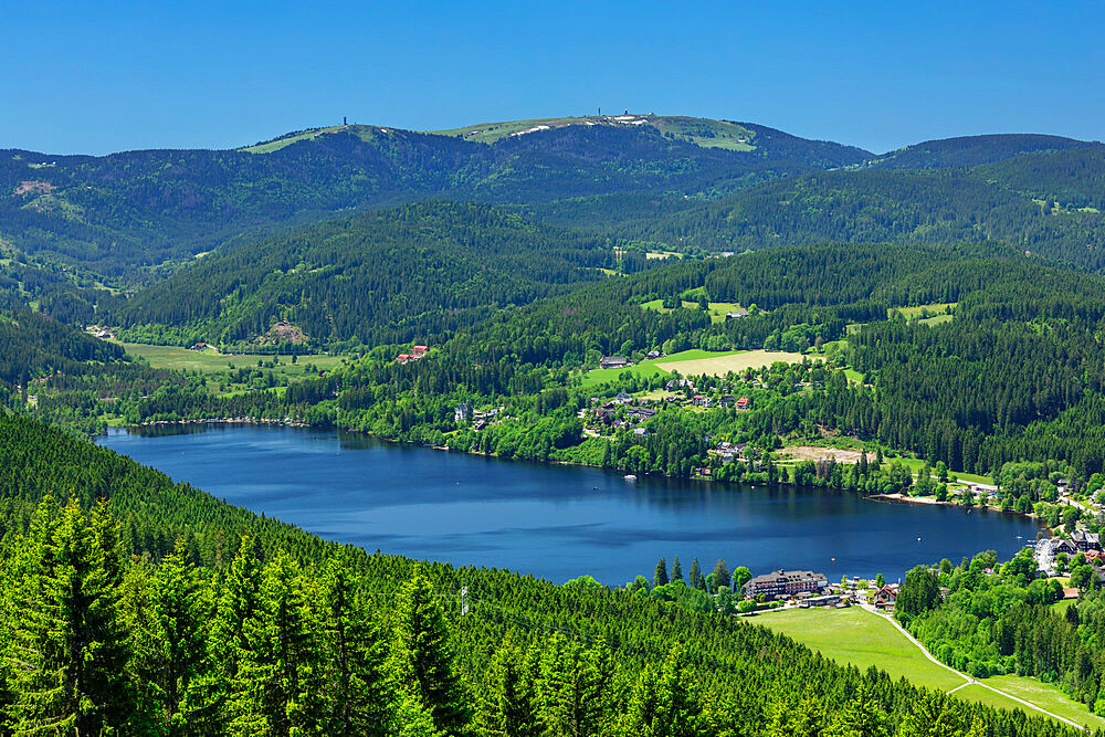 View from Hochfirst mountain over Titisee lake to Feldberg mountain, Black Forest, Baden-Wurttemberg, Germany, Europe