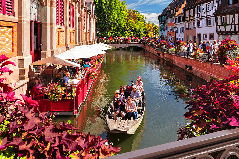 Cafe at the market hall beside Lauch River, Petite Venise district, Colmar, Alsace, Haut-Rhin, France, Europe