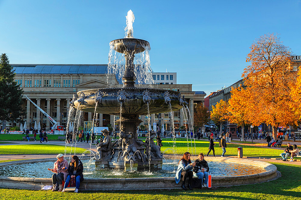 Fountain at Schlossplatz Square in autumn, Stuttgart, Baden-Wurttemberg, Germany, Europe