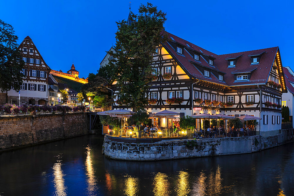 View over Wehrneckarkanal Canal to the castle, Esslingen am Neckar, Baden-Wurttemberg, Germany, Europe