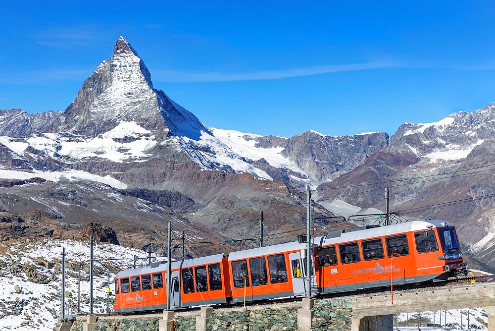 Gornergratbahn cog railway, view of Matterhorn Peak (4478m), Swiss Alps, Zermatt, Valais, Switzerland