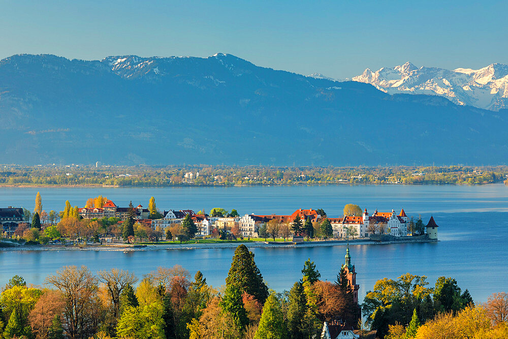 View over Lindau and Lake Constance to the Swiss Alps, Bavaria, Germany, Europe