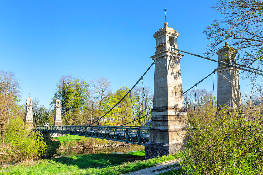 Argenbrucke Bridge, Langenargen, chain bridge over Argen River, Lake Constance, Swabia, Baden-Wurttemberg, Germany, Europe