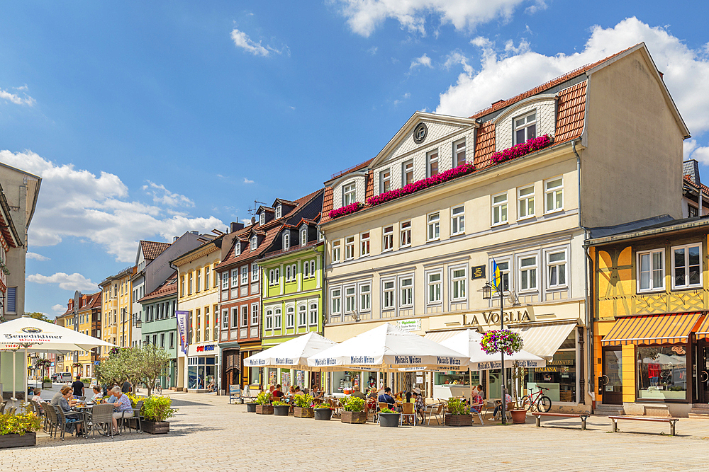 Cafes at the marketplace, Meiningen, Meiningen, Werratal valley, Rhön, Meiningen, Thuringia, Germany