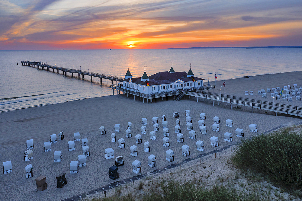 Pier and beach chairs on the beach of Ahlbeck, Usedom Island, Baltic Sea, Mecklenburg-Western Pomerania, Germany, Europe