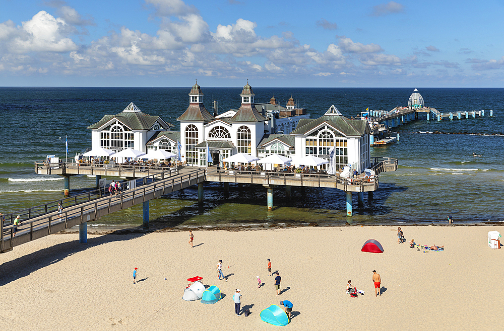 Pier and beach chairs on the beach of Sellin, Ruegen Island, Baltic Sea, Mecklenburg-Western Pomerania, Germany, Europe