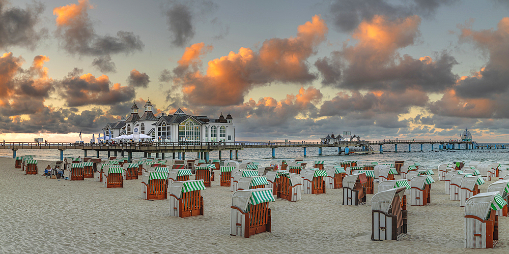 Pier and beach chairs on the beach of Sellin, Ruegen Island, Baltic Sea, Mecklenburg-Western Pomerania, Germany, Europe