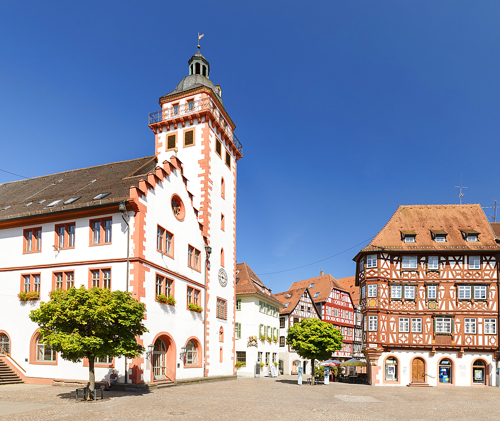 Town Hall and Palmsches Haus on market square, Mosbach, Neckartal Valley, Odenwald, Baden-Wurttemberg, Germany, Europe