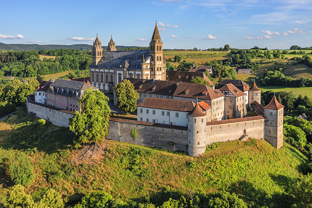 Aerial of Comburg Benedictine Monastery, Steinbach, Kocher Valley, Schwabisch Hall, Hohenlohe, Baden-Wurttemberg, Germany, Europe