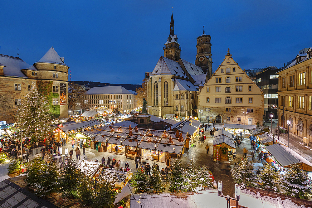 Christmas market on Schillerplatz square in front of Stiftskirche church, Stuttgart, Baden-Wurttemberg, Germany, Europe