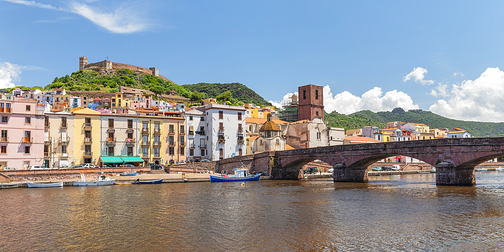 View over Temo River on Bosa and Malaspina castle, Oristano district, Sardinia, Italy, Mediterranean, Europe