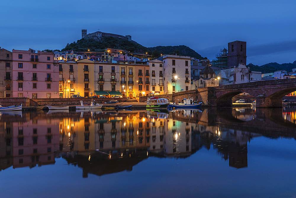 View over Temo River of Bosa and Malaspina Castle, Bosa, Oristano district, Sardinia, Italy, Mediterranean, Europe