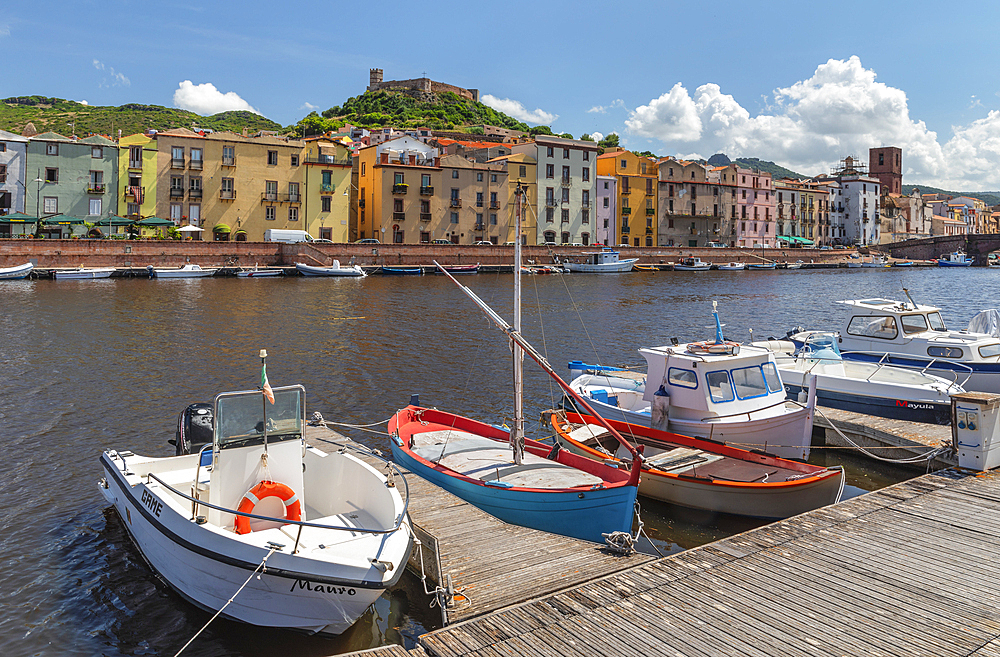 View over Temo River of Bosa and Malaspina castle, Oristano district, Sardinia, Italy, Mediterranean, Europe