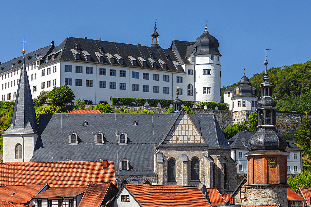 View over Stolberg with St. Martini church, Saigerturm tower and castle, Harz, Saxony-Anhalt, Germany, Europe