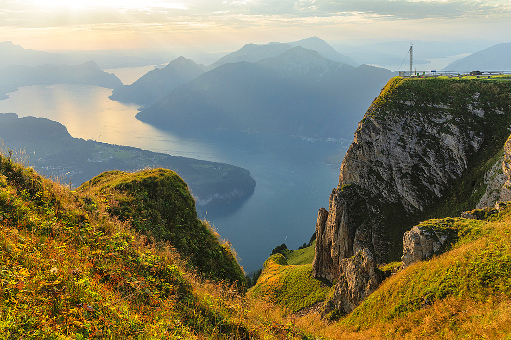 View from Fronalpstock Mountain on Lake Lucerne, Morschach, Canton Schwyz, Switzerland, Europe