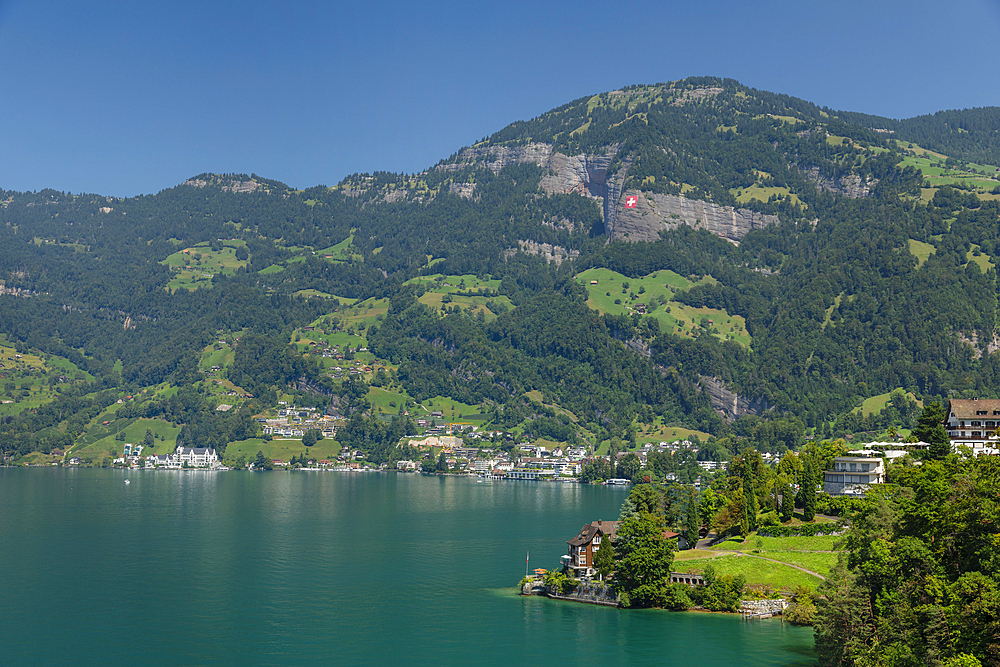 View to Vitznau and Rigi Mountain, Lake Lucerne, Canton Schwyz, Switzerland, Europe