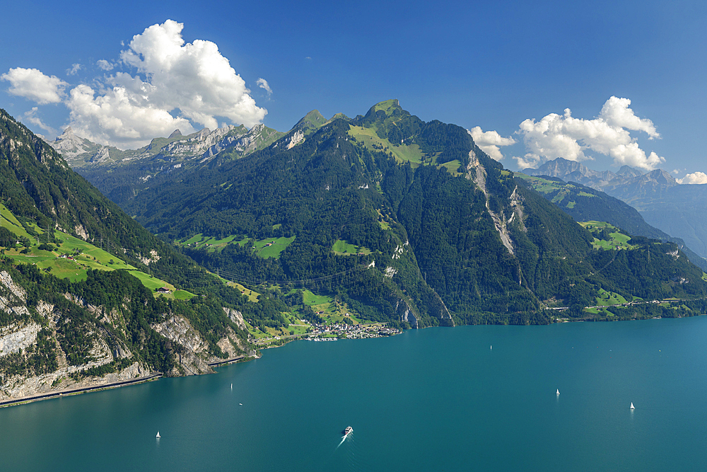 View from Seelisberg over Lake Lucerne to Bristenstock Mountain, Canton Uri, Switzerland, Europe