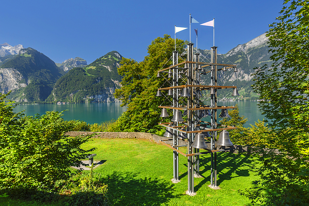 Installation of chimes at Tell's Chapel (Tellskapelle) at Lake Lucerne near Sisikon, Canton Uri, Switzerland, Europe