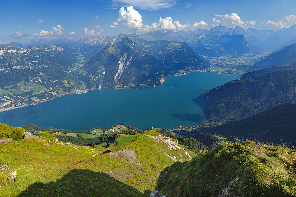 View from Niederbauen Mountain, 1923m to Fluelen and Altdorf, Lake Lucerne, Canton Uri, Switzerland, Europe