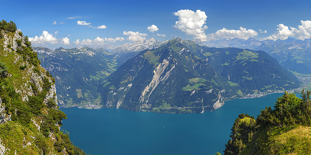 View from Niederbauen Mountain, 1923m, to Sisikon and Bristenstock Mountain, Lake Lucerne, Canton Uri, Switzerland, Europe