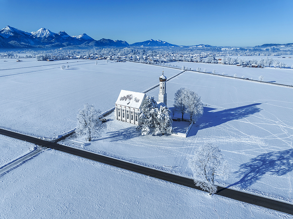 Aerial of the Pilgrimage Church of St. Coloman near Schwangau, Swabia, Bavarian Alps, Bavaria, Germany, Europe