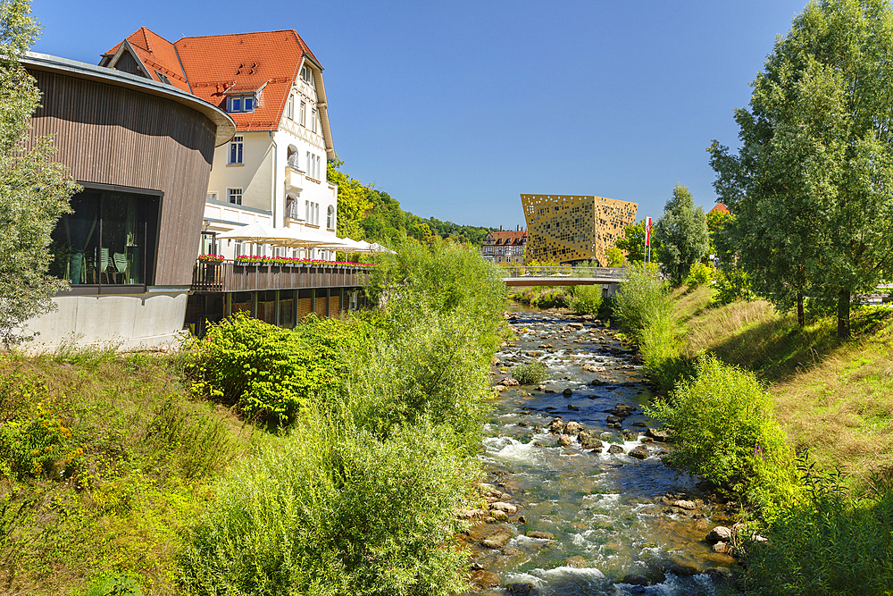 View from Hirzel Villa to Forum Gold and Silver, Rems River, Schwabisch Gmund, Remstal Valley, Baden-Wurttemberg, Germany, Europe