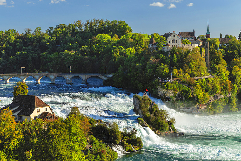 Rhine Falls near Schaffhausen with Schloss Laufen, Neuhausen bei Schaffhausen, Schaffhausen Canton, Switzerland, Europe